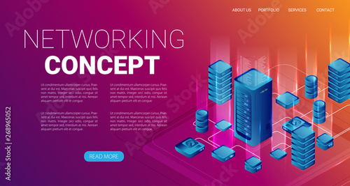 Concept of big data processing, energy station of future, server room rack, data center isometric vector illustration