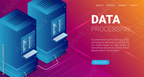 Concept of big data processing, energy station of future, server room rack, data center isometric vector illustration