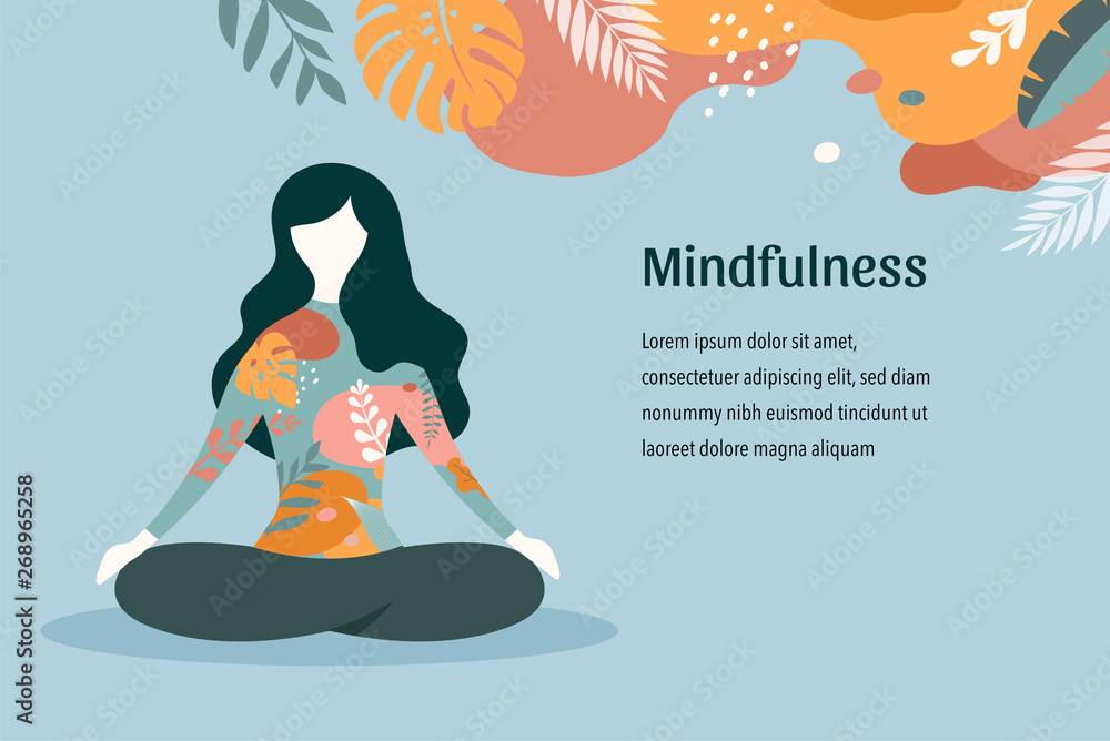 Mindfulness, meditation and yoga background in pastel vintage colors - women sitting with crossed legs and meditating. Vector illustration