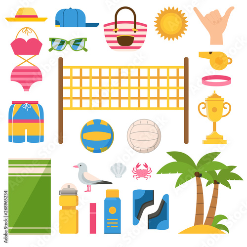 Beach volleyball icons and elements including playing accessories and sea sports equipment. Such as net, balls, whistle, hat, bathing suits, beach-bag, towel, trophy cup, palms and bottle of water.