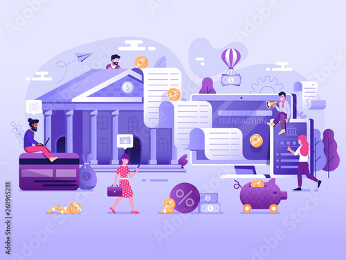 Digital transaction UI illustration with flat people characters doing web money transfers and deposits. Online bank payment wire transaction and cashback concept. Save money technology processing.