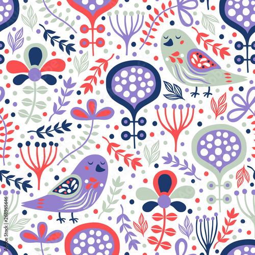 Bird seamless pattern with abstract flowers and plant. Vector illustration.