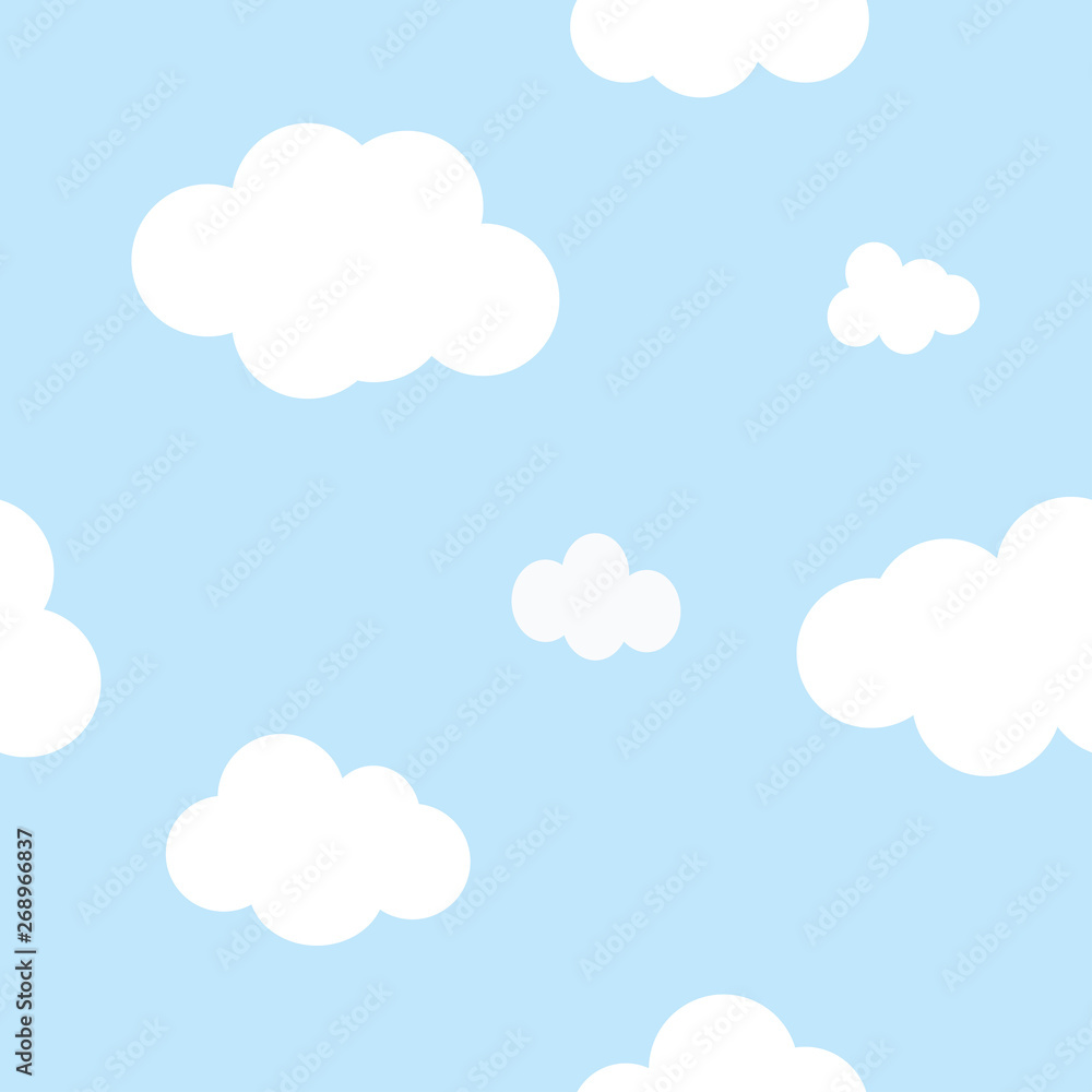 Seamless pattern of  fluffy white clouds against blue sky background. Sky ans clouds vector pattern.