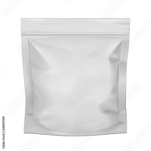 Mockup Blank Food Stand Up Flexible Pouch Snack Sachet Bag. Mock Up, Template. Illustration Isolated On White Background. Ready For Your Design. Product Packaging. Vector EPS10