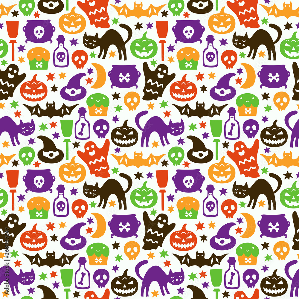 Fototapeta premium Halloween seamless pattern with cat, pumpkin, bat, ghost, skull . Vector illustration.
