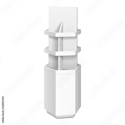 Hexagon, Hexagonal POS POI Cardboard Floor Display Rack For Supermarket Blank Empty. Mock Up. Illustration Isolated On White Background. Ready For Your Design. Product Advertising. Vector EPS10