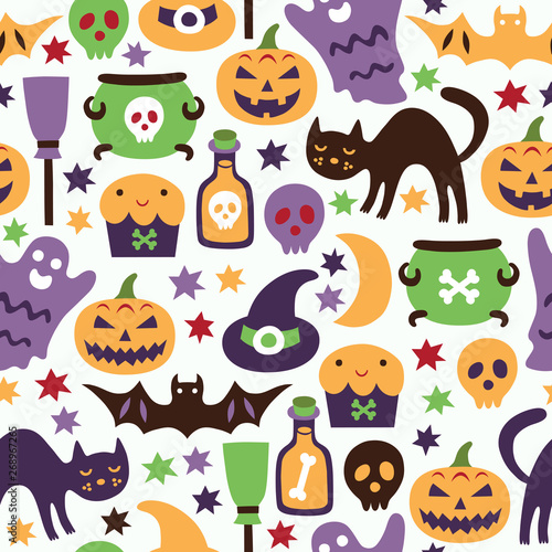 Fototapeta Naklejka Na Ścianę i Meble -  Halloween seamless pattern with cat, pumpkin, bat, ghost, skull . Vector illustration.