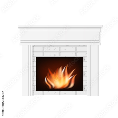 White fireplace with fire. The element of the interior living room. Vector illustration.