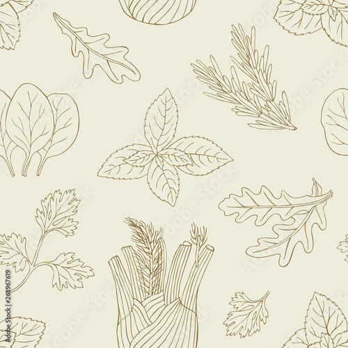 Herb seamless pattern. Surface hand drawn decoration with mint, spinach, basil, parsley. Vector illustration.