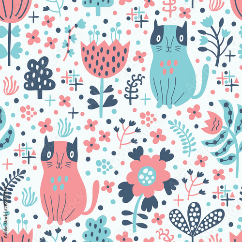 Cat with flowers seamless background