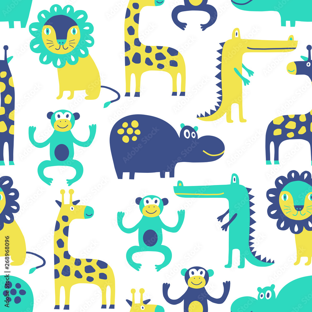 Plakat Wzór afrykański zwierząt. Tło z małpy, lwa, hipopotama, żyrafy, krokodyla. Dekoracja powierzchni.