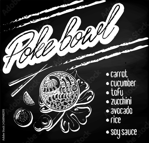 Vector menu of vegetarian poke bowl on chalk board background. Illustrations of a lunch of Hawaiian cuisine with lettering. Tofu, cucumber, avocado, soy sauce, carrots, rice, zucchini.