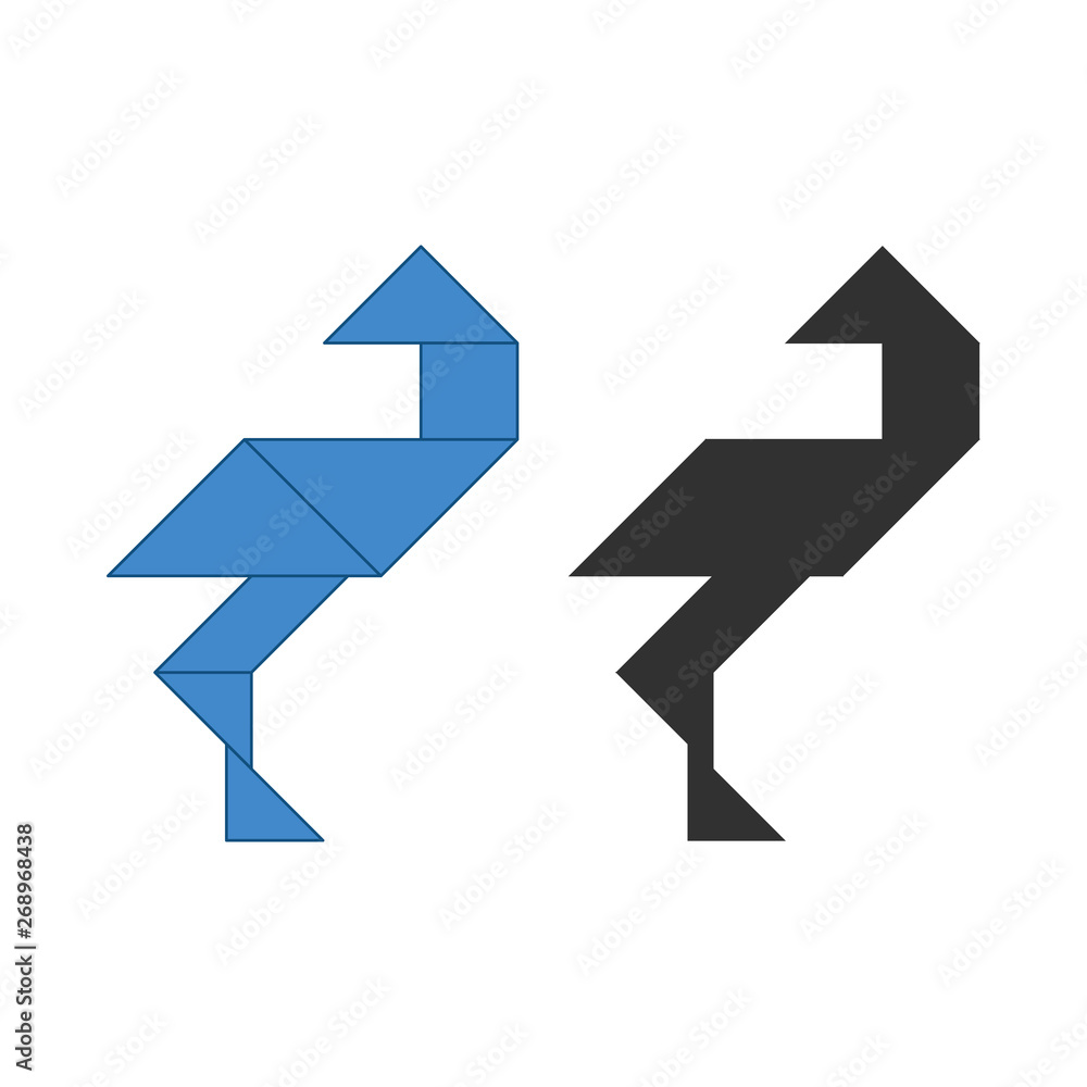 Stork Tangram. Traditional Chinese dissection puzzle, seven tiling pieces - geometric shapes: triangles, square rhombus , parallelogram. Stork Tangram. Traditional Chinese dissection puzzle, seven tiling pieces - geometric shapes: triangles, square rhombus , parallelogram.