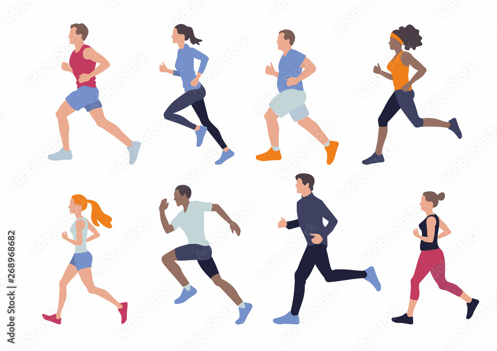 Running different body type people. Women and men run. Sport vector illustration.