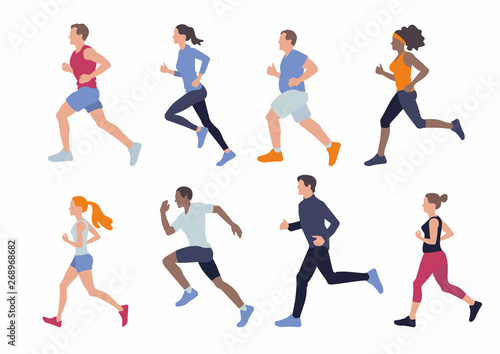 Running different body type people. Women and men run. Sport vector illustration.