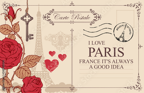 Retro postcard with Eiffel tower in Paris, France. Romantic vector postcard in vintage style with red roses and hearts, old key and keyhole, postmark and words I love Paris