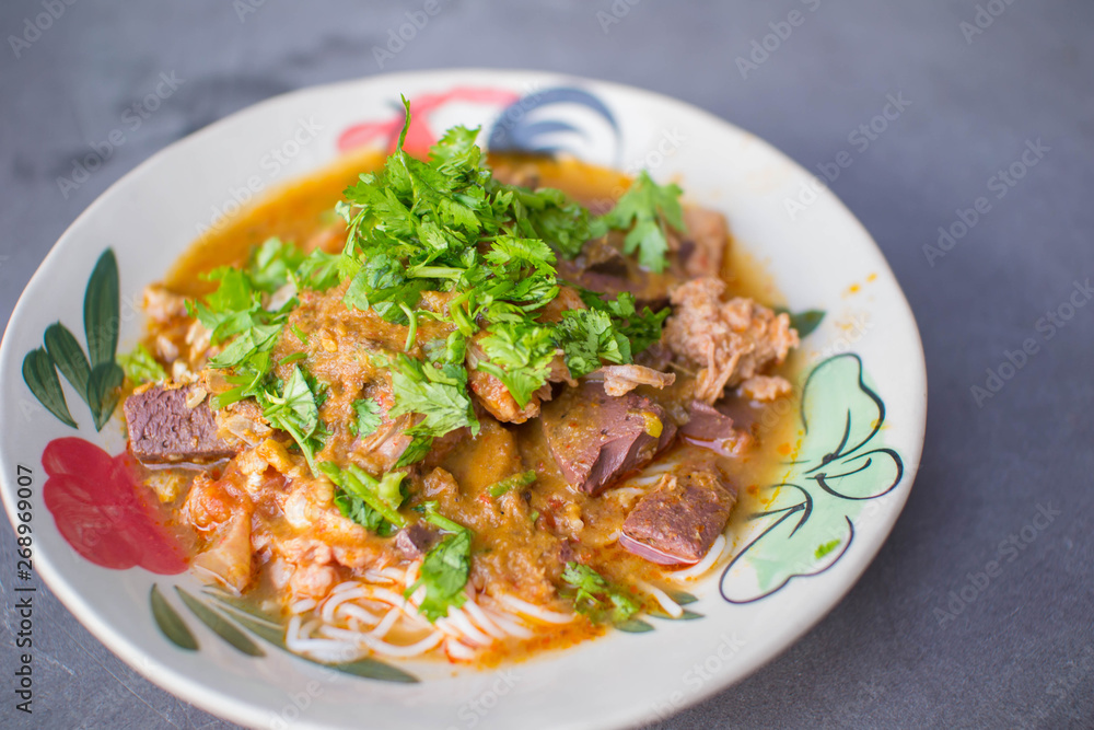 Nam Nguan Noodle, Rice noodles with spicy pork sauce. Nam Nguan Noodle, Rice noodles with spicy pork sauce.