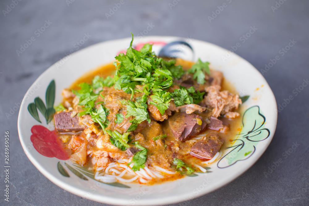 Nam Nguan Noodle, Rice noodles with spicy pork sauce. Nam Nguan Noodle, Rice noodles with spicy pork sauce.