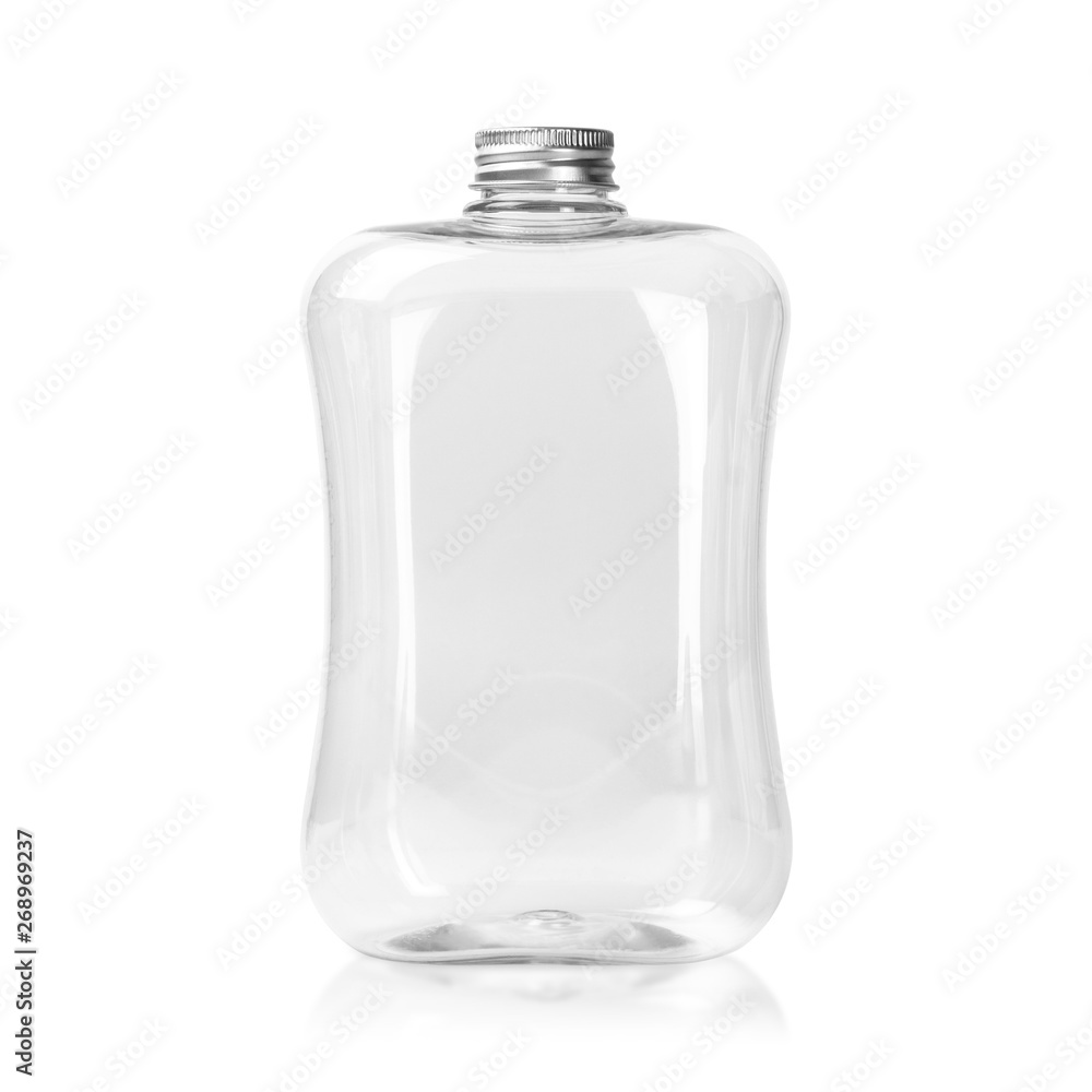 Empty plastic bottle with silver cap isolated on white background. Clear Jar or Mason package. ( Clipping path ) Empty plastic bottle with silver cap isolated on white background. Clear Jar or Mason package. ( Clipping path )