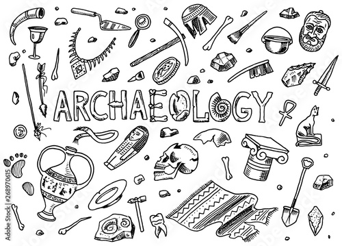 Set of archeology tools, science equipment, artifacts. Excavated fossils and ancient bones. Hand drawn Doodle sketch style. 