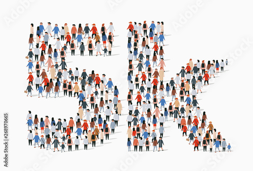 Group of people in form of 5k sign. Five thousand followers.