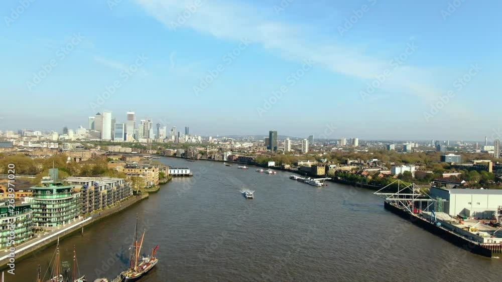 Arial shot of the famous river in London Arial shot of the famous river in London