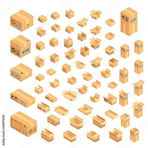 Set of isometric cardboard boxes. Delivery box package. Vector illustration isolated on white background.