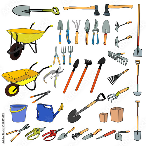 vector, isolated, set, collection, garden tools