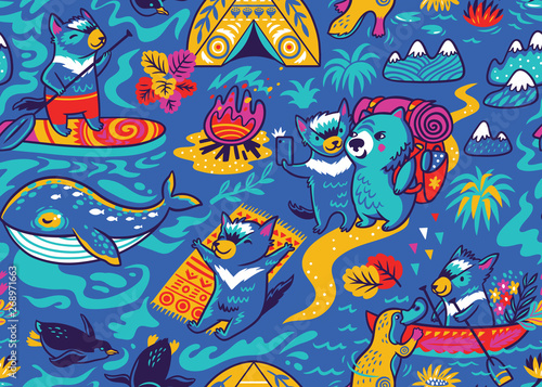 Seamless pattern with cute Tasmanian devil and other australian animals in cartoon style. Vector illustration