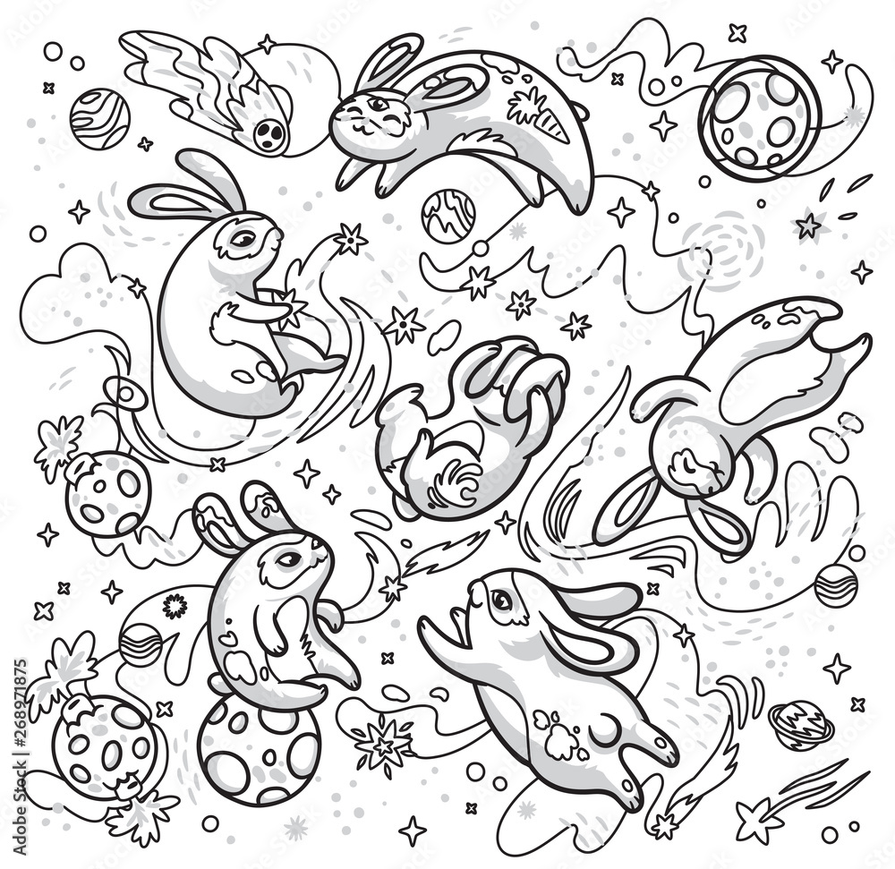 Fototapeta premium Contour hand drawn illustration with cute rabbits flying in the space. Vector illustration
