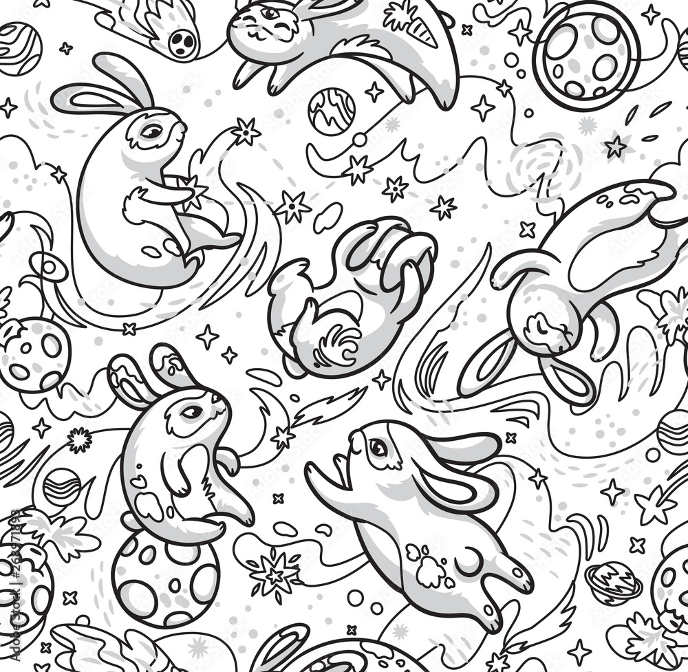 Contour hand drawn seamless pattern with cute rabbits flying in the space. Vector illustration