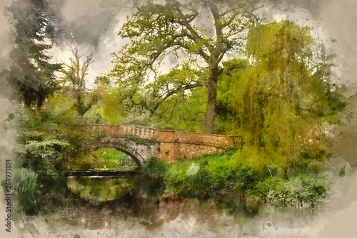 Watercolour painting of Stunning landscape image of old medieval bridge over river with mirror like reflections of countryside