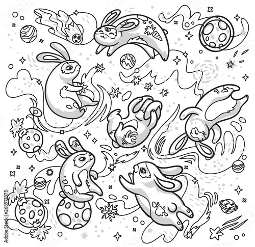 Contour hand drawn illustration with cute rabbits flying in the space. Vector illustration