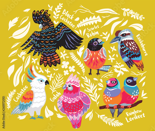 Collecion of exotic australian birds and tropical leaves on gold background