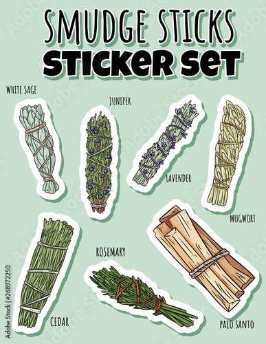 Sage smudge sticks hand-drawn sticker set. Herb bundles label collection