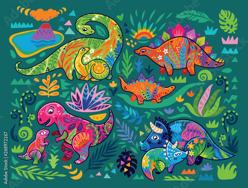 Cute collection of mom and baby dinosaurs and tropical plants in decorative style. Vector illustration