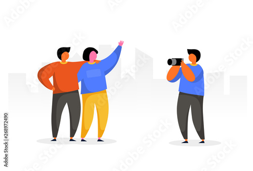 People Group Travel Take Photo with camera. Happy Man Character in Vacation. Urban Background Concept. Flat Cartoon style.