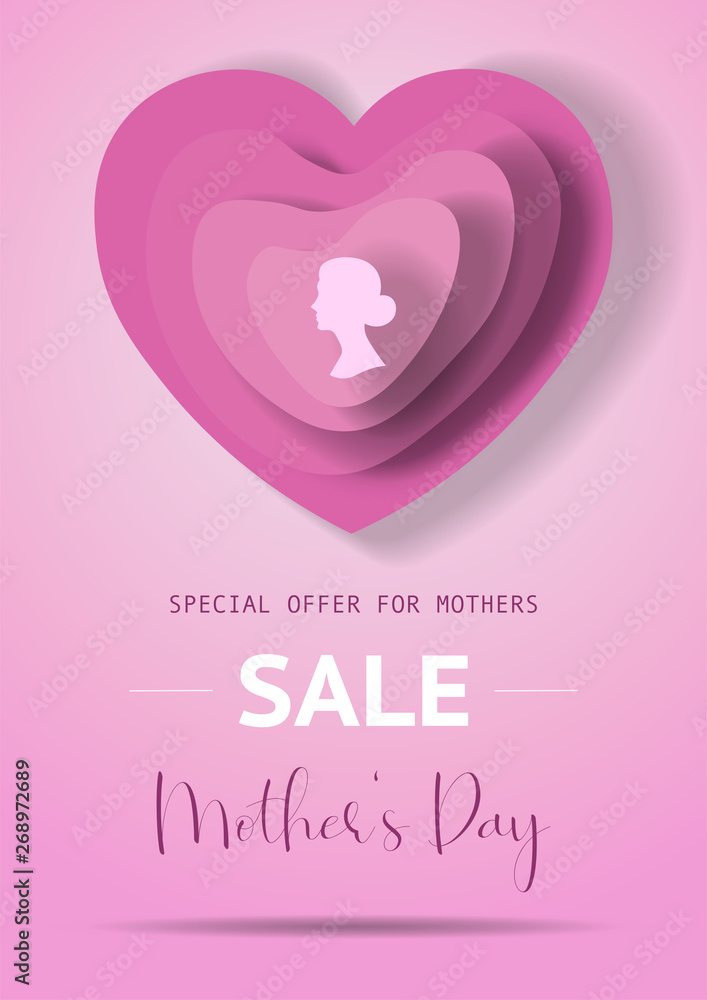 Mother's Day sale poster with pink paper hearts. Mother or woman silhouette on different shape of paper hearts for Mother's Day. Sale poster, banner, concept, vector illustration for shops.