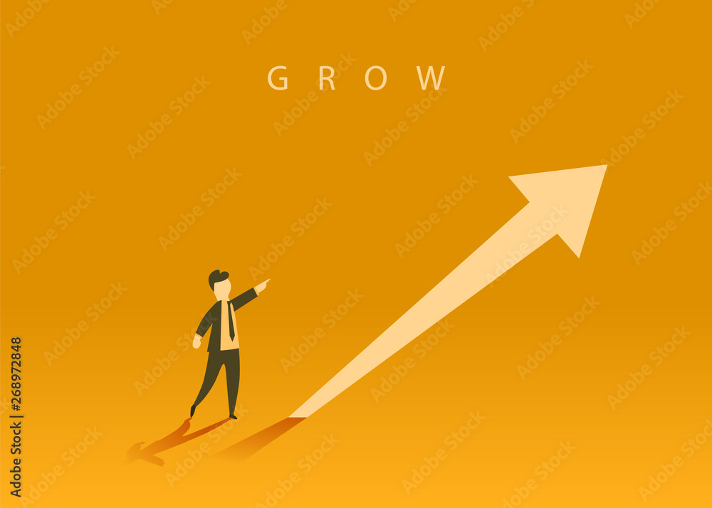 Concept of business growth with an upward arrow and a businessman showing the direction. Symbol of success, achievement. Concept of business growth with an upward arrow and a businessman showing the direction. Symbol of success, achievement.