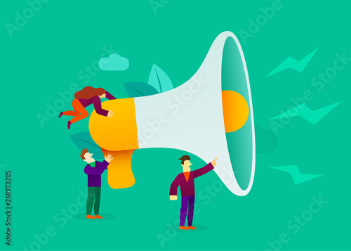 Small cartoon people with megaphone. Announcement or information concept.