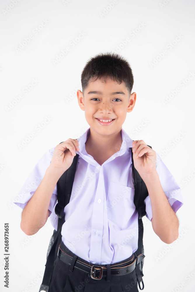 Little Asain boy in student uniform on white background Little Asain boy in student uniform on white background