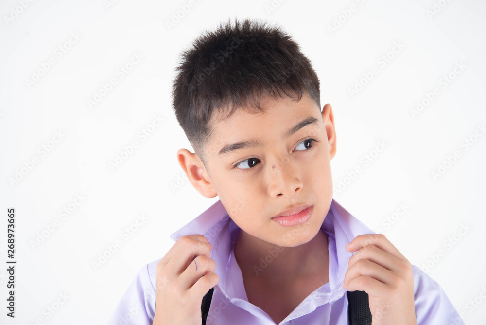 Little Asain boy in student uniform on white background Little Asain boy in student uniform on white background