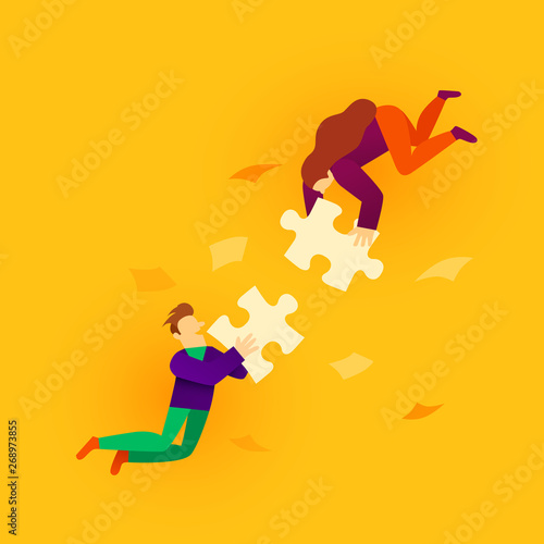 Two flat style cartoon people connecting puzzle elements. Business, teamwork and partnership concept.