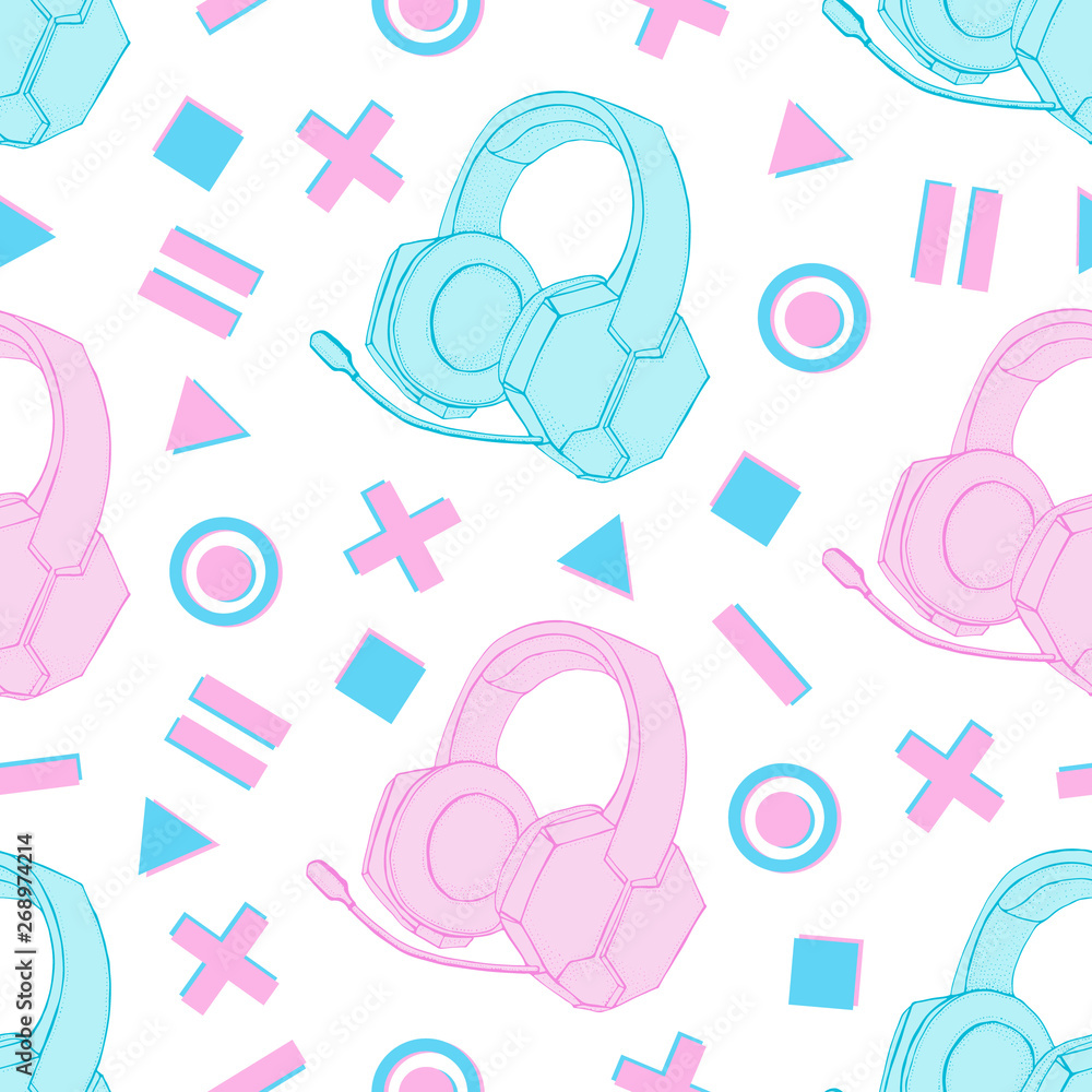 Headphones with microphone with geometry elements seamless pattern. Device  for music, video games and esports, gamer and streemer. Hand drawn objects  on white background Stock Vector | Adobe Stock