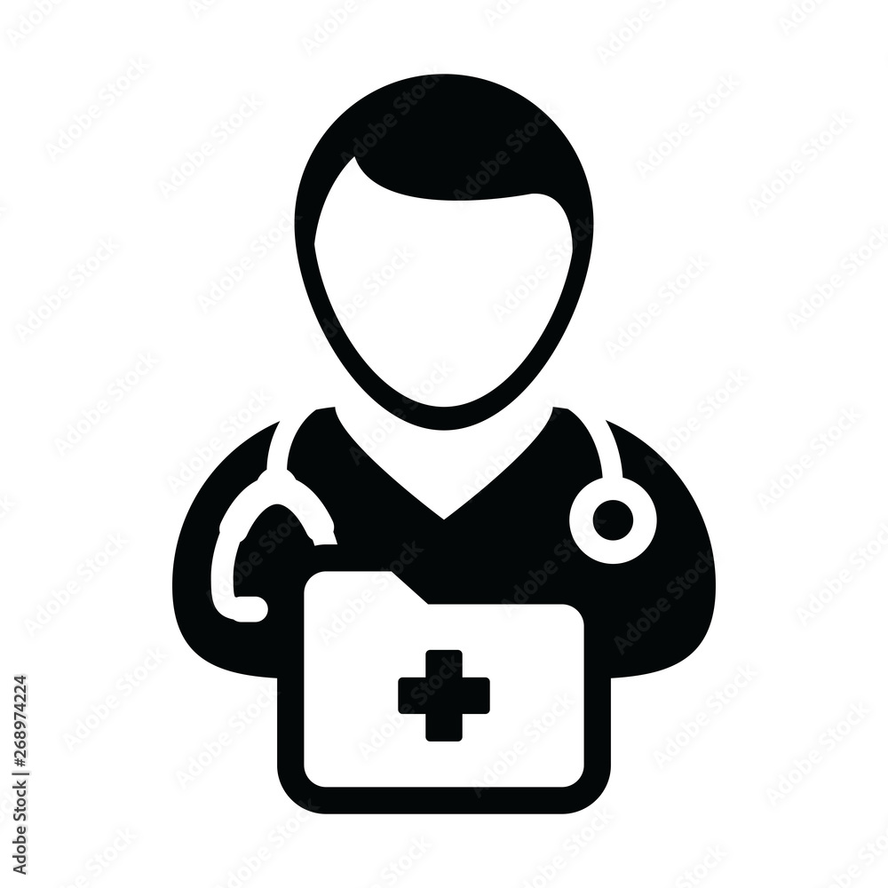 Doctor icon vector male person profile avatar with stethoscope and medical report folder for medical consultation in Glyph pictogram illustration Doctor icon vector male person profile avatar with stethoscope and medical report folder for medical consultation in Glyph pictogram illustration
