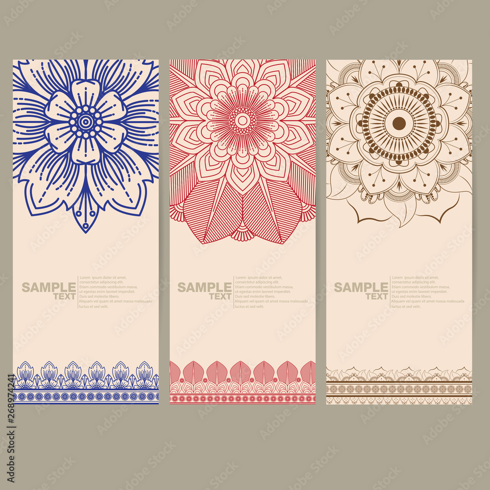 Indian floral paisley medallion banners. Ethnic Mandala ornament. Vector Henna tattoo style. Can be used for textile, greeting card, coloring book, phone case print.