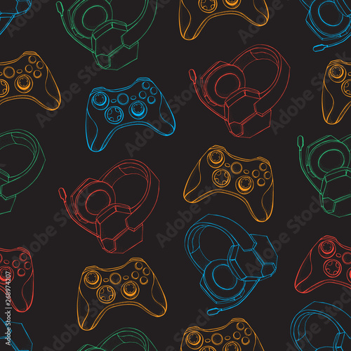 Gamepad joystick game controller and Headphones with microphone seamless pattern. Devices for video games, esports, gamer and streemer. Hand drawn objects on black background