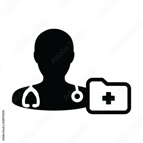Nurse icon vector male person profile avatar with stethoscope and medical report folder for medical consultation in Glyph pictogram illustration