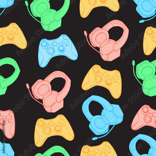 Gamepad joystick game controller and Headphones with microphone seamless pattern. Devices for video games, esports, gamer and streemer. Hand drawn objects on black background