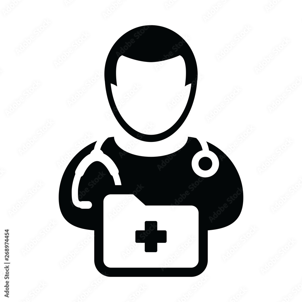 Nurse icon vector male person profile avatar with stethoscope and medical report folder for medical consultation in Glyph pictogram illustration Nurse icon vector male person profile avatar with stethoscope and medical report folder for medical consultation in Glyph pictogram illustration